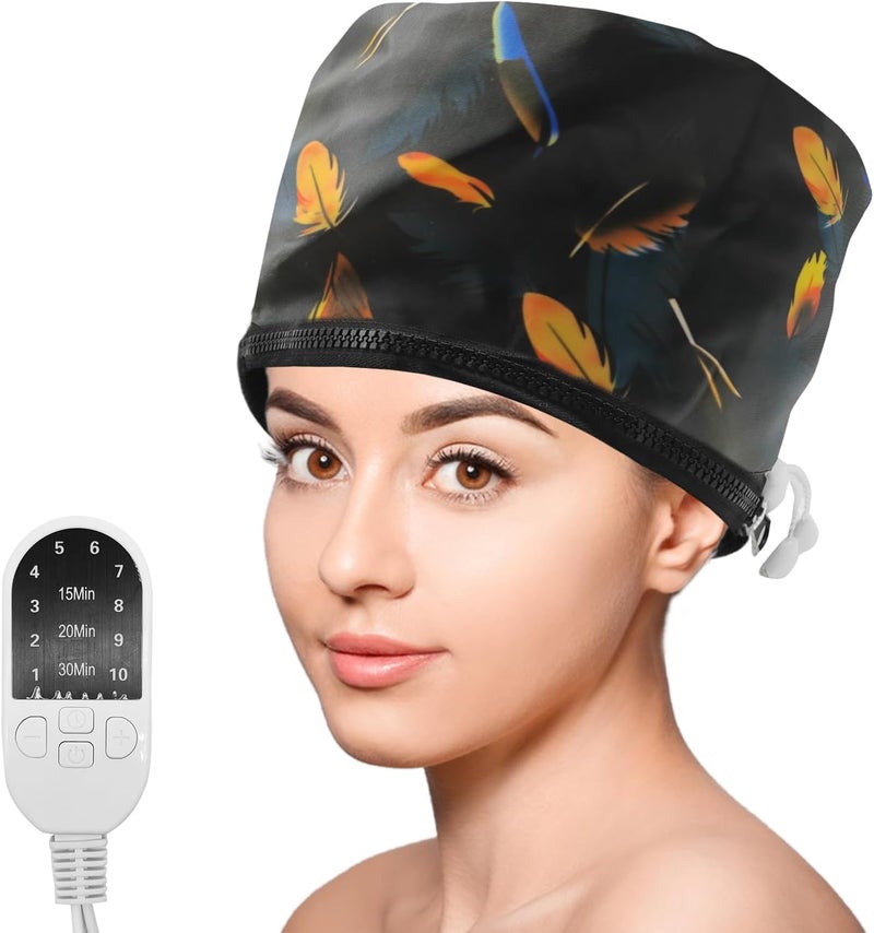 SNEKULI Hair Steamer Cap, Portable Hair Care Hat with 10 Mode Temperature Control, 110V Electric Heating Cap for Hair SPA Beauty Steamer Nourishing Hat Hair Thermal Treatment Cap (Black Feather) - Image 1